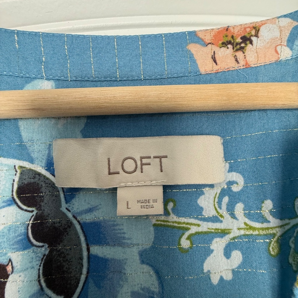 Loft Blue Floral Blouse Lightweight Sheer Boho Tie Sleeve Size L - Picture 3 of 9